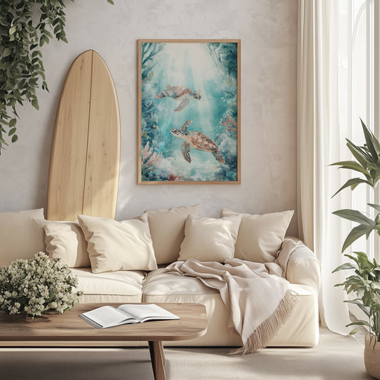 Sunlit Sea Turtles Underwater Print