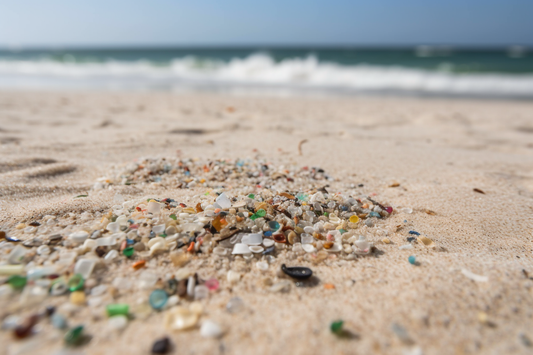 Hundreds of pieces of microplastics on a beach. Plastic polluting the ocean. The jewellery brand that saves the ocean