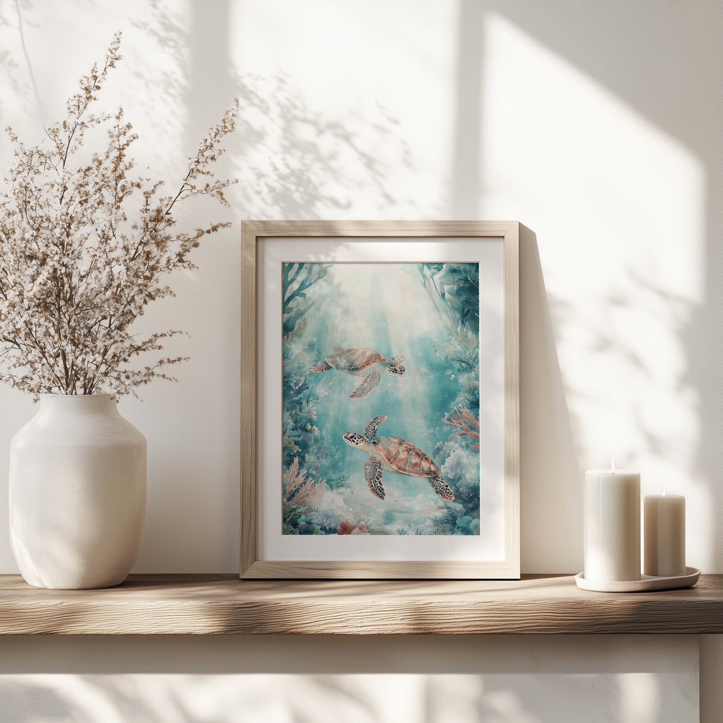 Sunlit Sea Turtles Underwater Print