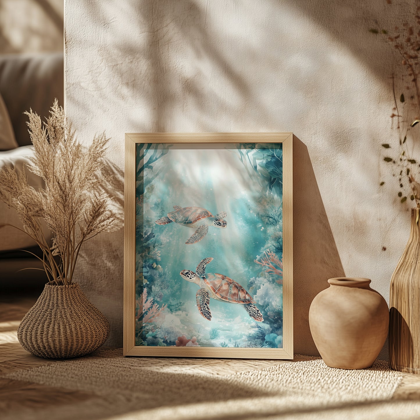 Sunlit Sea Turtles Underwater Print