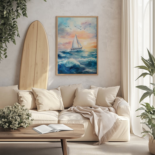 Sailboat at Sunset Watercolour Print