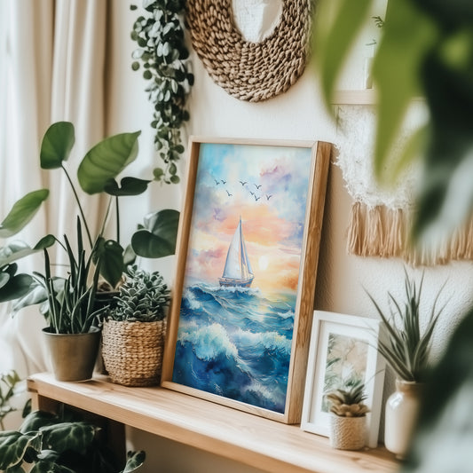 Sailboat at Sunset Watercolour Print