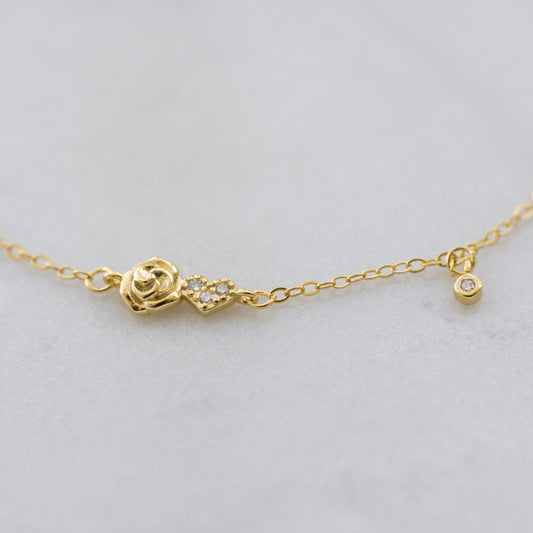 Dainty Gold Rose & Heart Bracelet